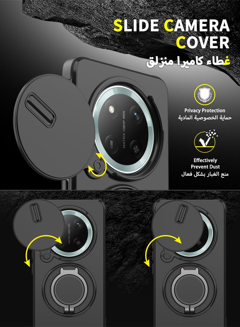 عش زي غلاف هونر x9c بغطاء كاميرا منزلق، ملمس ناعم، مغناطيس قوي جداً، حامل حلقة دوارة 360 درجة، حماية ضد الصدمات مع وسائد هوائية بارتفاع خفيف عند الزوايا، أسود، 1 قطعة - Image 2