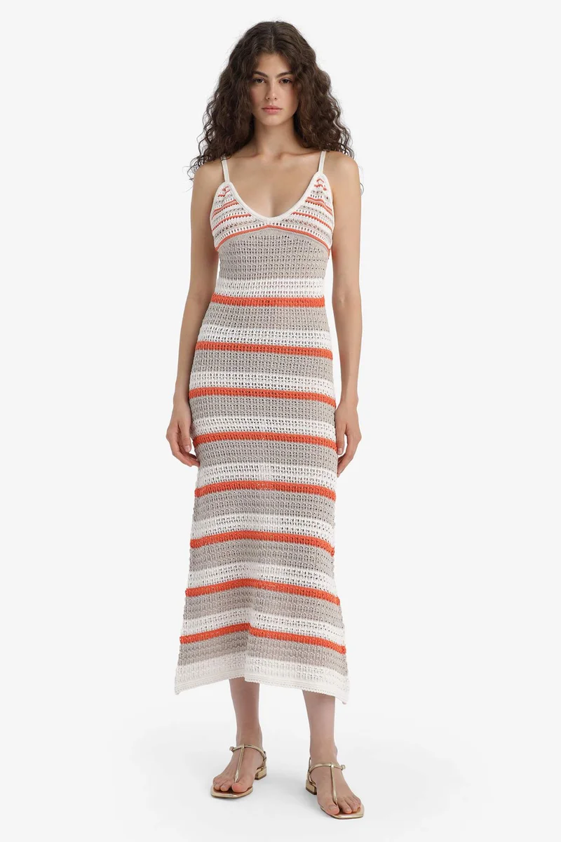 Defacto Slim Fit Patterned V Neck Crochet Sleeveless Knit Maxi Dress