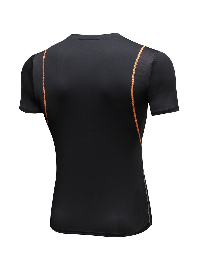 Loquat Men Quick Dry Breathable Elastic T-Shirt Black/Orange - Image 2