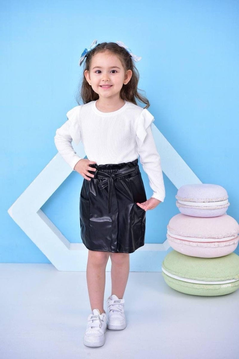 Trendimizbir Frilled Sleeves Leather Skirt Belted Girl's Bottom Top Set - Image 1