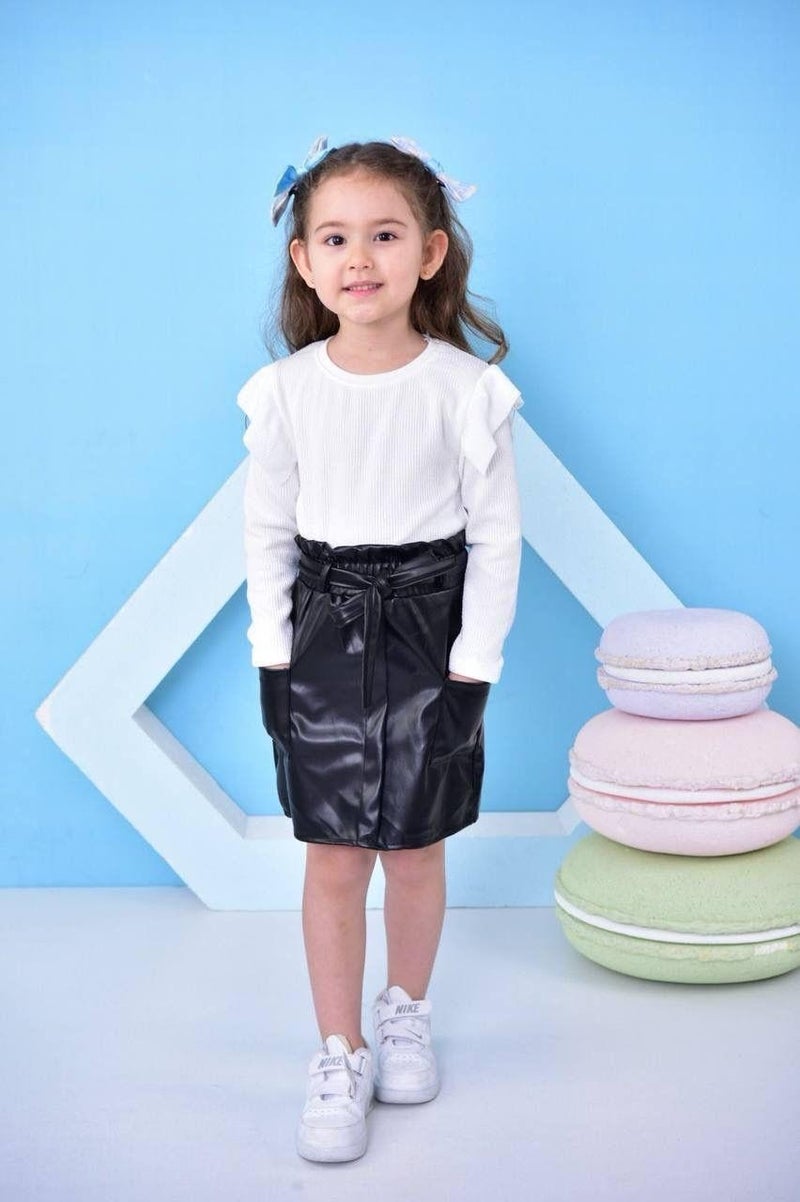 Trendimizbir Frilled Sleeves Leather Skirt Belted Girl's Bottom Top Set - Image 2