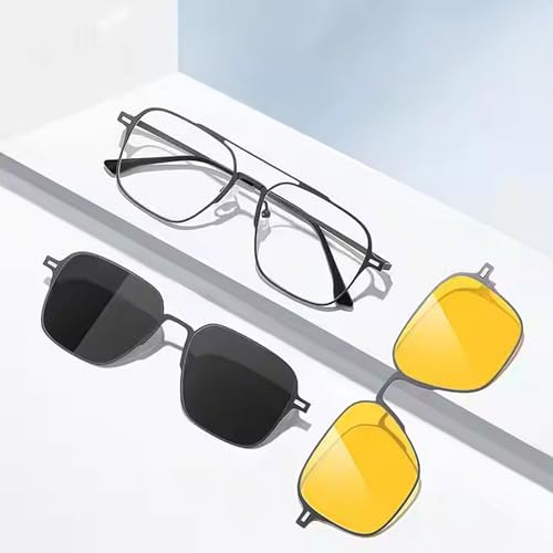 Dervin 3 in 1 Magnetic Clip on Glasses for Men and Women | UV Protected Polarized Sunglasses | Titanium Frame Anti-Glare Bluelight Blocking Computer Glasses | Yellow Glasses for Driving - Image 2