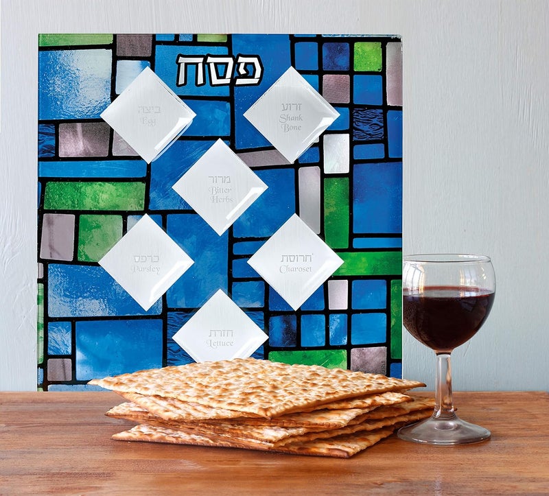 Rite Lite Stained Glass Seder Plate Passover Gift - Elegant & Modern Pesach Decoration Seder Dish Renaissance Style Recipe Hebrew & English Haggadah Traditional Jewish Holiday Party Plate Decor 13.75 - Image 2
