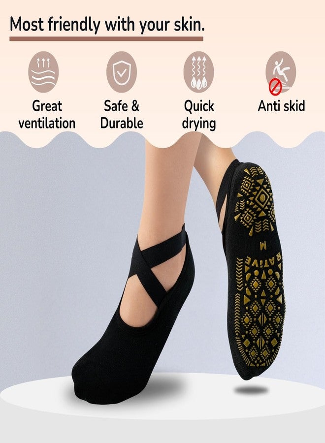 RATIVE X-Cross Anti Slip Non Skid Barre Yoga Pilates Hospital Socks with grips for Adults Men Women (Medium, 2-pairs/Black+Grey) - Image 4