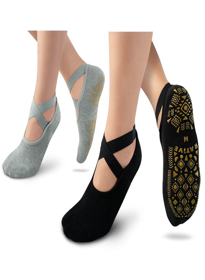 RATIVE X-Cross Anti Slip Non Skid Barre Yoga Pilates Hospital Socks with grips for Adults Men Women (Medium, 2-pairs/Black+Grey) - Image 1