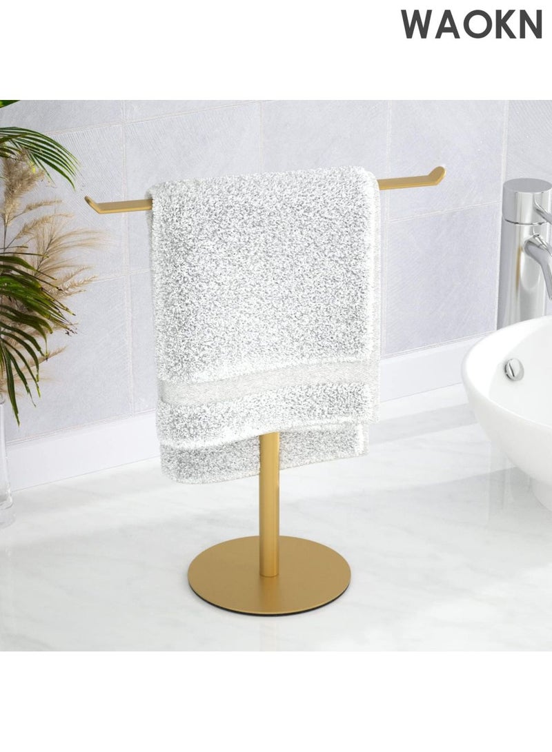 دبليو أيه أو كي أن رف مناشف من الفولاذ المقاوم للصدأ على شكل حرف T - منظم 2 في 1 مثبت على الحائط وسطح الطاولة، ملحقات حمام مقاومة للماء مع حامل عصابة رأس، حل تخزين مطبخ موفر للمساحة، تصميم عصري مقاوم للصدأ (ذهبي) - Image 2