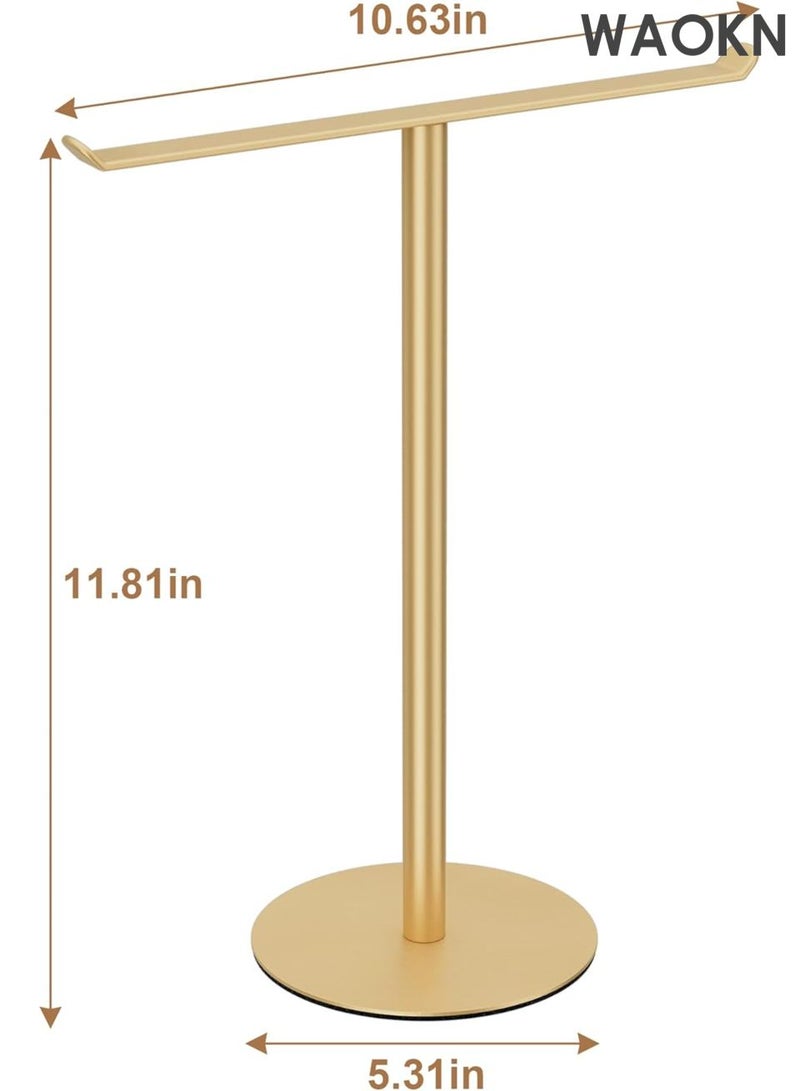 دبليو أيه أو كي أن رف مناشف من الفولاذ المقاوم للصدأ على شكل حرف T - منظم 2 في 1 مثبت على الحائط وسطح الطاولة، ملحقات حمام مقاومة للماء مع حامل عصابة رأس، حل تخزين مطبخ موفر للمساحة، تصميم عصري مقاوم للصدأ (ذهبي) - Image 4