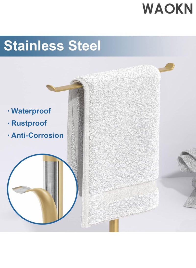 دبليو أيه أو كي أن رف مناشف من الفولاذ المقاوم للصدأ على شكل حرف T - منظم 2 في 1 مثبت على الحائط وسطح الطاولة، ملحقات حمام مقاومة للماء مع حامل عصابة رأس، حل تخزين مطبخ موفر للمساحة، تصميم عصري مقاوم للصدأ (ذهبي) - Image 3