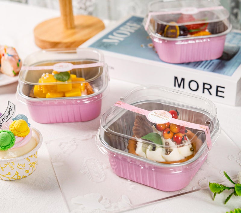 NPLUX 50 Pcs Mini Square Baking Cups with Lids and Spoons Aluminum Foil Mini Cake Pans with Lids Disposable Ramekins Cake Pans Dessert Cups for Wedding Birthday Party(Pink,10oz) - Image 2