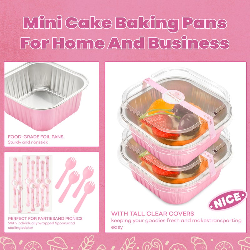NPLUX 50 Pcs Mini Square Baking Cups with Lids and Spoons Aluminum Foil Mini Cake Pans with Lids Disposable Ramekins Cake Pans Dessert Cups for Wedding Birthday Party(Pink,10oz) - Image 5