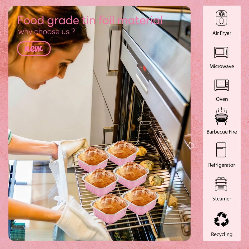 NPLUX 50 Pcs Mini Square Baking Cups with Lids and Spoons Aluminum Foil Mini Cake Pans with Lids Disposable Ramekins Cake Pans Dessert Cups for Wedding Birthday Party(Pink,10oz) - Image 4