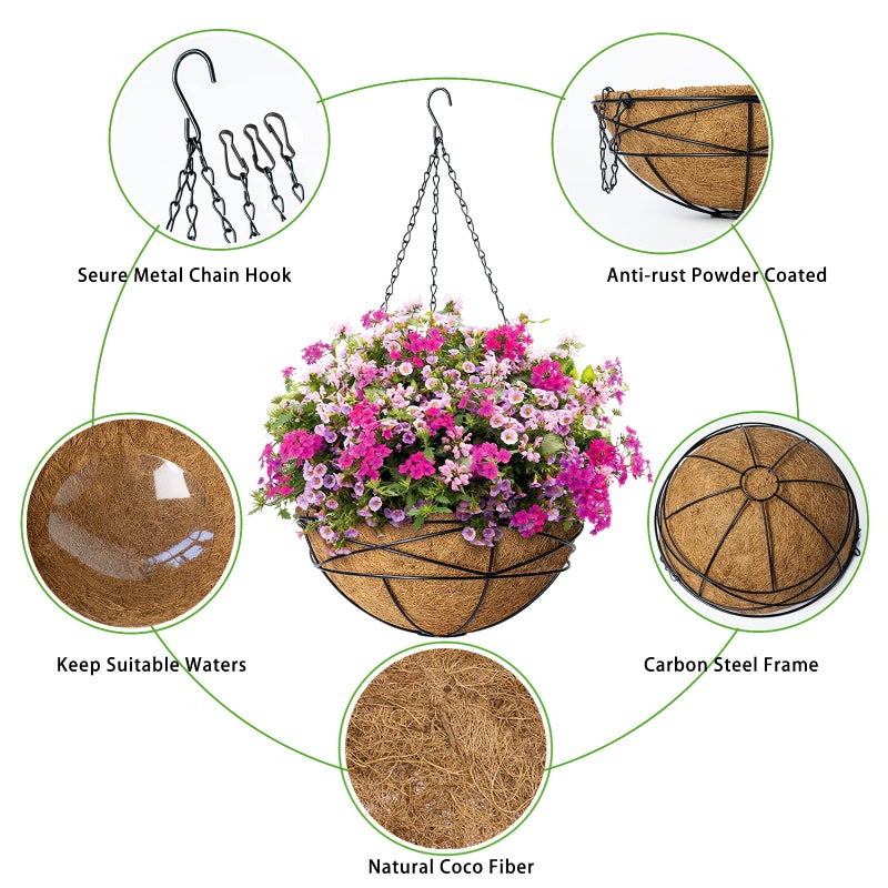Karlliu 4 Pack 12 Inch Hanging Planters for Outdoor Plants Metal Watering Flower Baskets with Coco Liner for Hanging Pot Round Plant Holders Planter for Outside Garden Decoration - Image 3