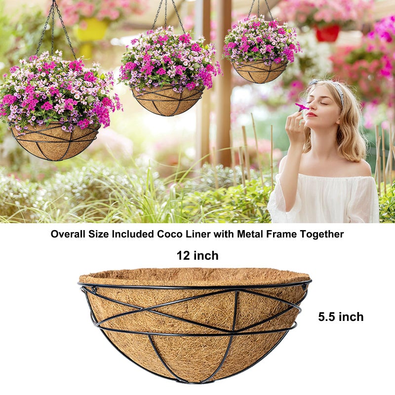 Karlliu 4 Pack 12 Inch Hanging Planters for Outdoor Plants Metal Watering Flower Baskets with Coco Liner for Hanging Pot Round Plant Holders Planter for Outside Garden Decoration - Image 5