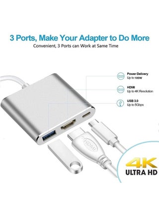 مُحول USB من النوع C، محول متعدد المنافذ من Type C إلى HDMI، محور 3 في 1 مزود بشاحن USB C بقوة 100 واط، ومنفذ HDMI بدقة 4K ومنفذ USB 3.0، محور Type C وHDMI، باللون الفضي - view 2