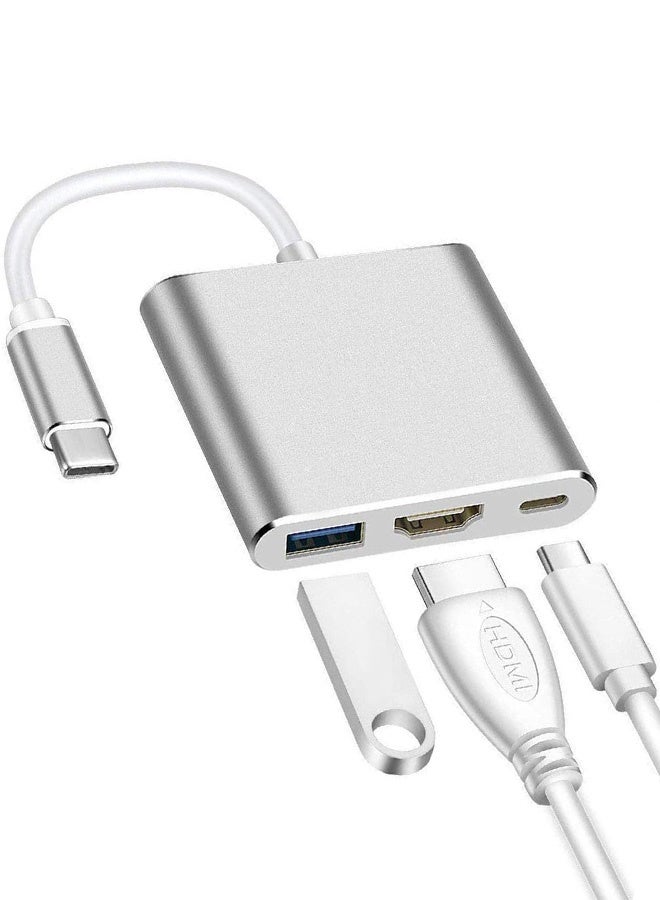 بشكل مختصر مُحول USB من النوع C، محول متعدد المنافذ من Type C إلى HDMI، محور 3 في 1 مزود بشاحن USB C بقوة 100 واط، ومنفذ HDMI بدقة 4K ومنفذ USB 3.0، محور Type C وHDMI، باللون الفضي - Image 1