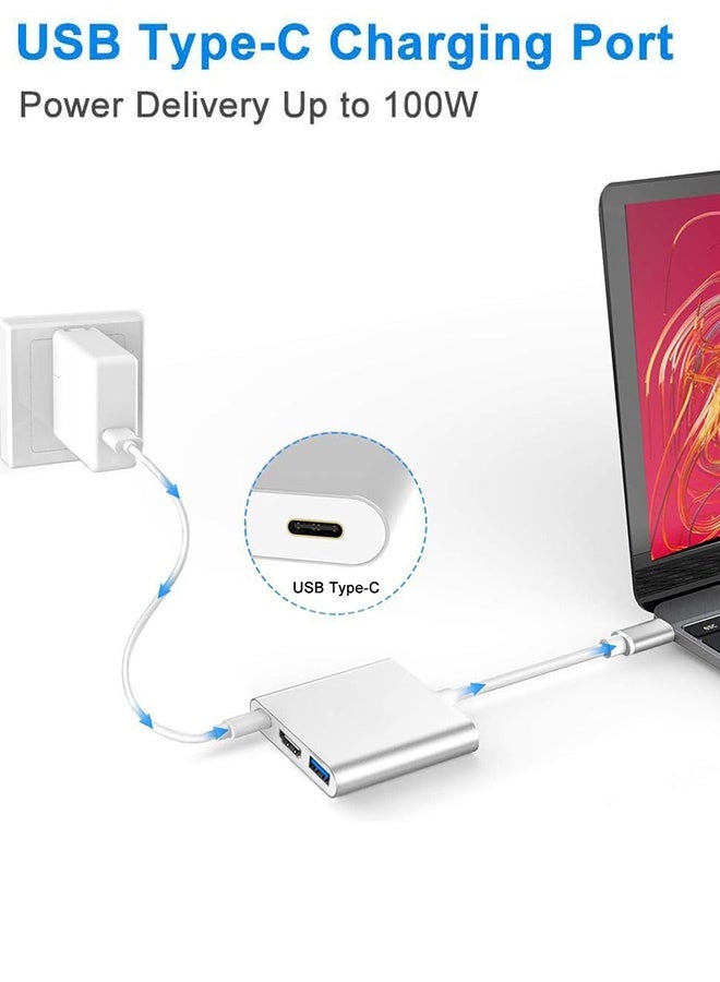 بشكل مختصر مُحول USB من النوع C، محول متعدد المنافذ من Type C إلى HDMI، محور 3 في 1 مزود بشاحن USB C بقوة 100 واط، ومنفذ HDMI بدقة 4K ومنفذ USB 3.0، محور Type C وHDMI، باللون الفضي - Image 5