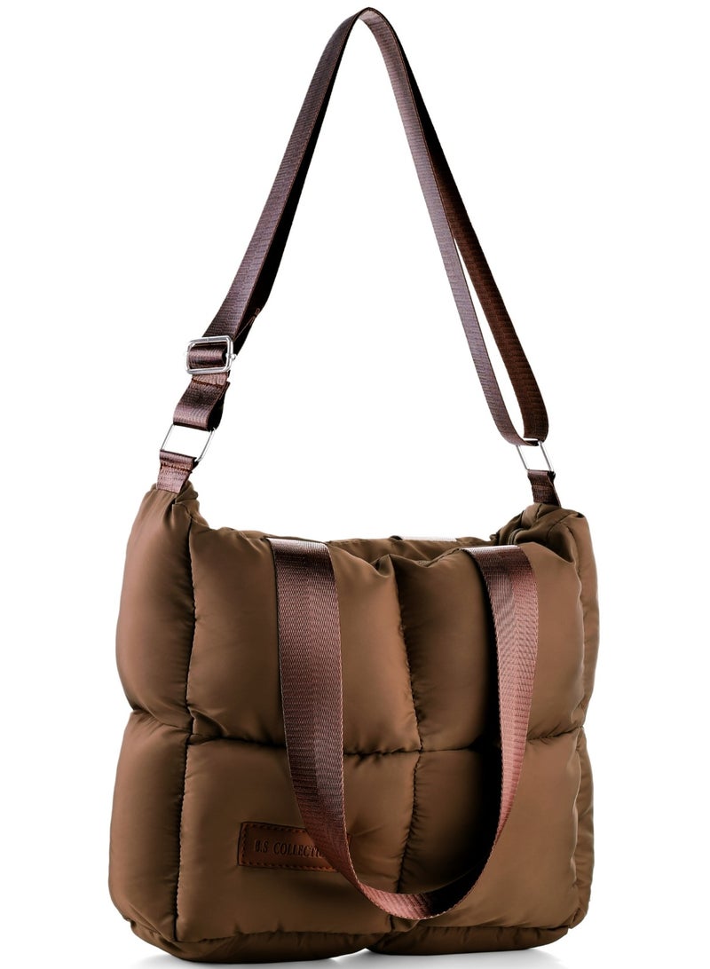 B.S COLLECTION Large capacity waterproof soft quilted shoulder bag and crossbag for women - Brown  - Image 1