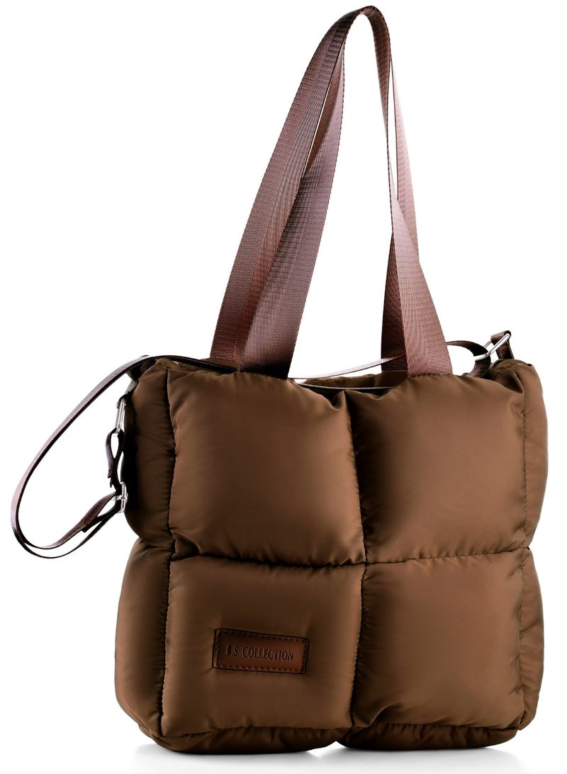 B.S COLLECTION Large capacity waterproof soft quilted shoulder bag and crossbag for women - Brown  - Image 2