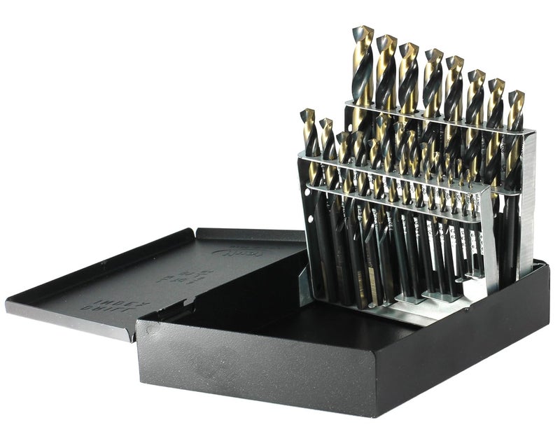 350N Series Nitro 21 Piece High-Speed Steel Mechanics Length Drill Bit Set, Black and Gold Oxide Finish, Round with Flats Shank, Spiral Flute, 135 Degrees Split Point, 1/16" - 1/4" in 1/64" increments & 9/32" - 1/2" in 1/32" increments