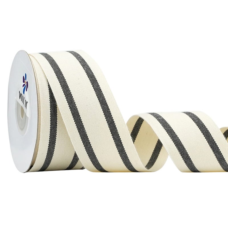 MEEDEE Natural Cotton Stripes Fabric Ribbon 1-1/2 inch Black and White Stripe Ribbon for DIY Crafts, Gift Wrapping Home Decor Sewing (10 Yards) - Image 1