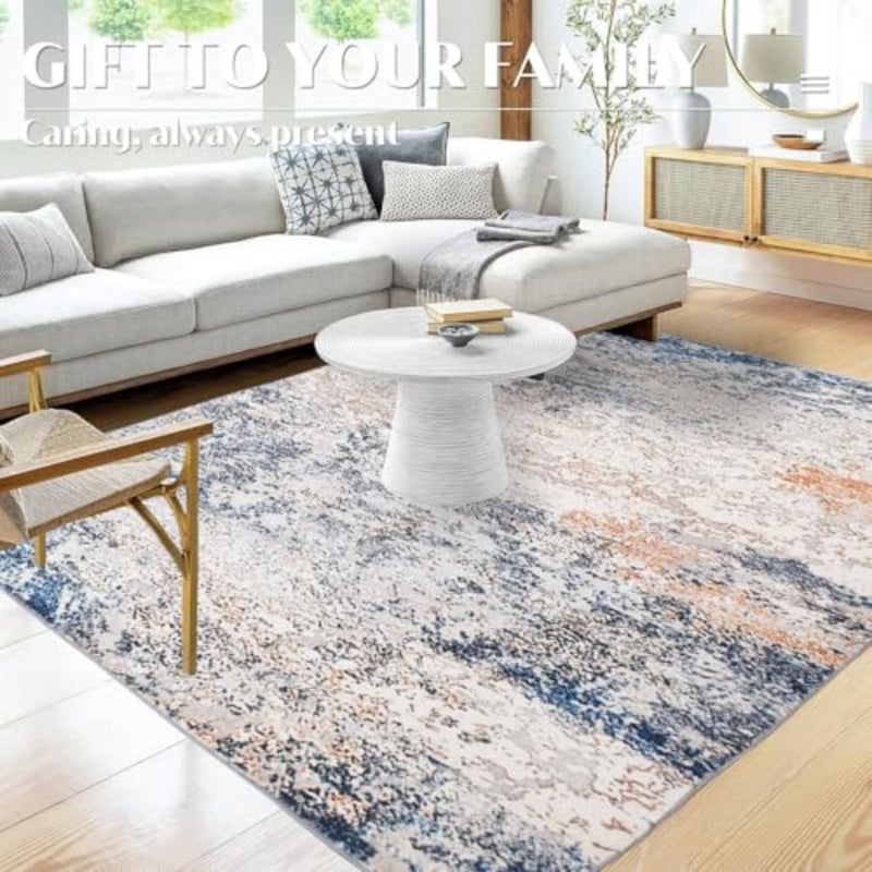 160x230 Rugs - Stain Resistant Washable Rug, Anti Slip Backing Rugs for Living Room, Abstract Art Area Rugs TPR- Navy Blue - Image 3
