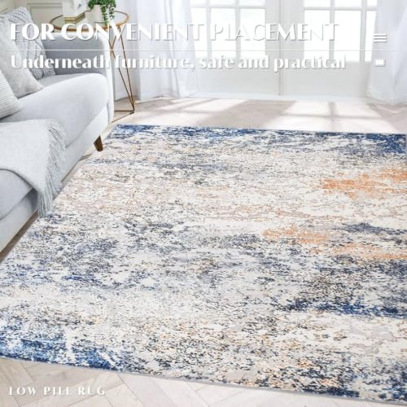 160x230 Rugs - Stain Resistant Washable Rug, Anti Slip Backing Rugs for Living Room, Abstract Art Area Rugs TPR- Navy Blue - Image 2