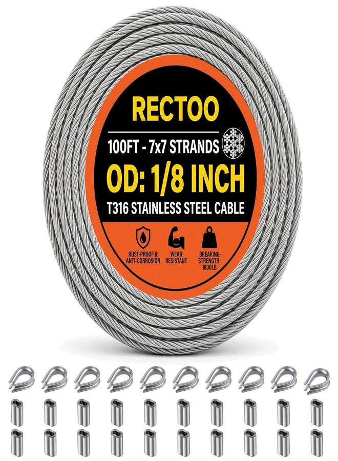 RECTOO 100ft 1/8" Stainless Steel Cable, 7x7 Strands Stainless Steel Wire Rope Construction, Wire Rope Aircraft Cable for Deck Railing Stair Handrail Balusters Porch Fence - Image 1