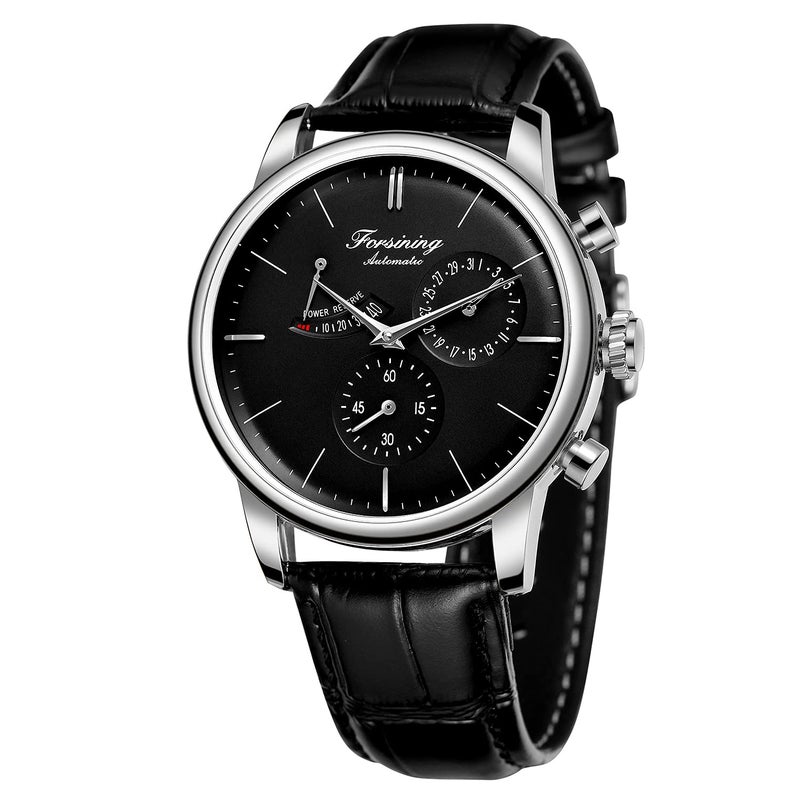 FORSINING Men's Automatic Power Reserve Watch Calendar Black Leather Strap Watch - Image 1