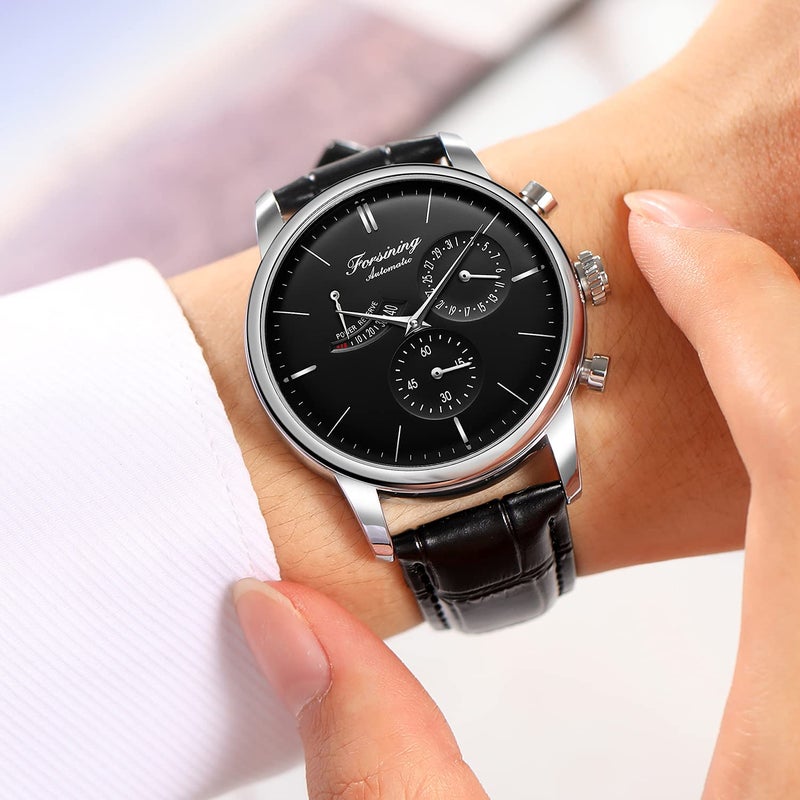 FORSINING Men's Automatic Power Reserve Watch Calendar Black Leather Strap Watch - Image 5