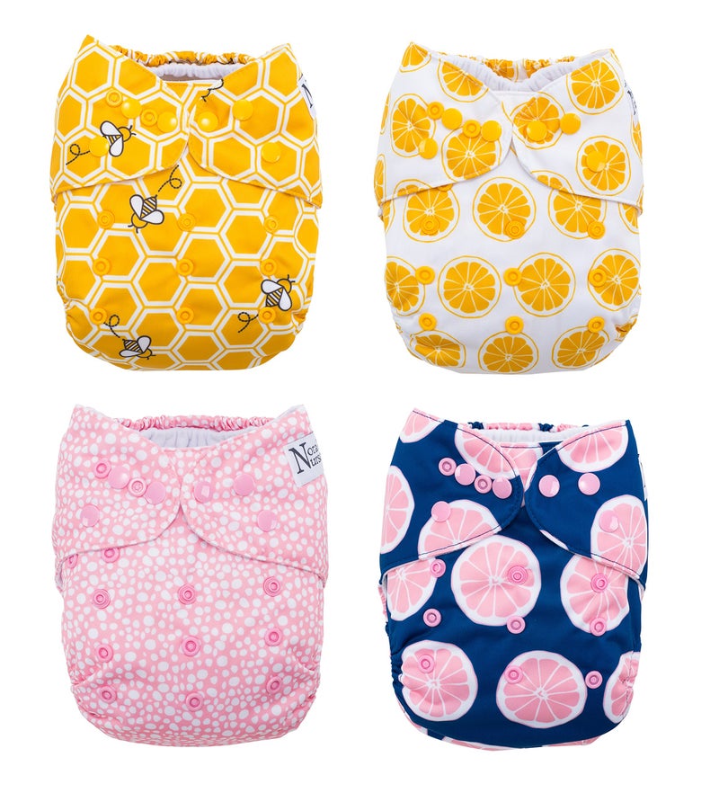 Nora's Nursery Cloth Pocket Diapers 4 Pack with 4 Inserts - Waterproof Cover, Washable, Reusable & One Size Adjustable Pocket Diapers for Newborns and Toddlers - The Bee's Knees - Image 1