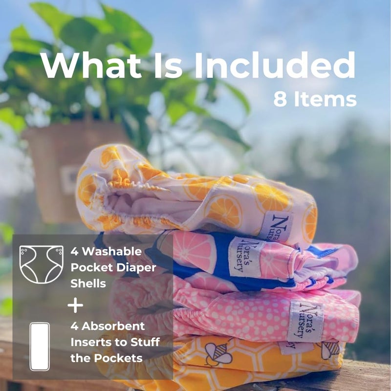 Nora's Nursery Cloth Pocket Diapers 4 Pack with 4 Inserts - Waterproof Cover, Washable, Reusable & One Size Adjustable Pocket Diapers for Newborns and Toddlers - The Bee's Knees - Image 2