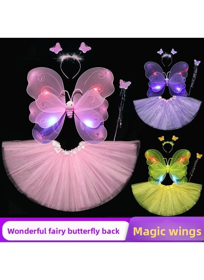 Generic - Children's Day Little Girl Baby Back Headwear Luminous Light Butterfly Wings Skirt Fantastic Fairy Table Performance Costume-Color:Blue Light Butterfly + Tutu Skirt - Image 1
