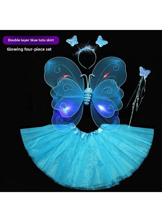 Generic - Children's Day Little Girl Baby Back Headwear Luminous Light Butterfly Wings Skirt Fantastic Fairy Table Performance Costume-Color:Blue Light Butterfly + Tutu Skirt - Image 1