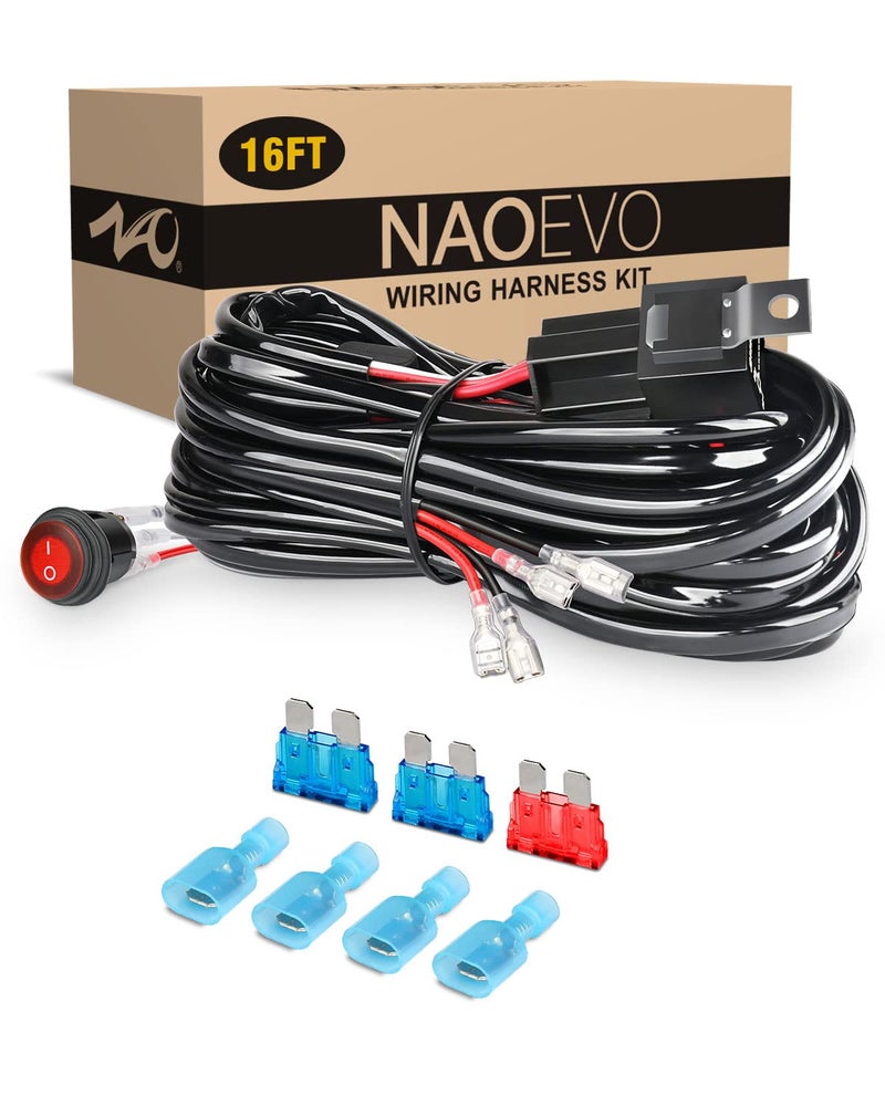 NAOEVO 16FT LED Light Bar Wiring Harness Kit 16AWG 2 Leads 12V On Off Waterproof Switch Power Relay Blade Fuse for Off Road Lights LED Work Light 16FT