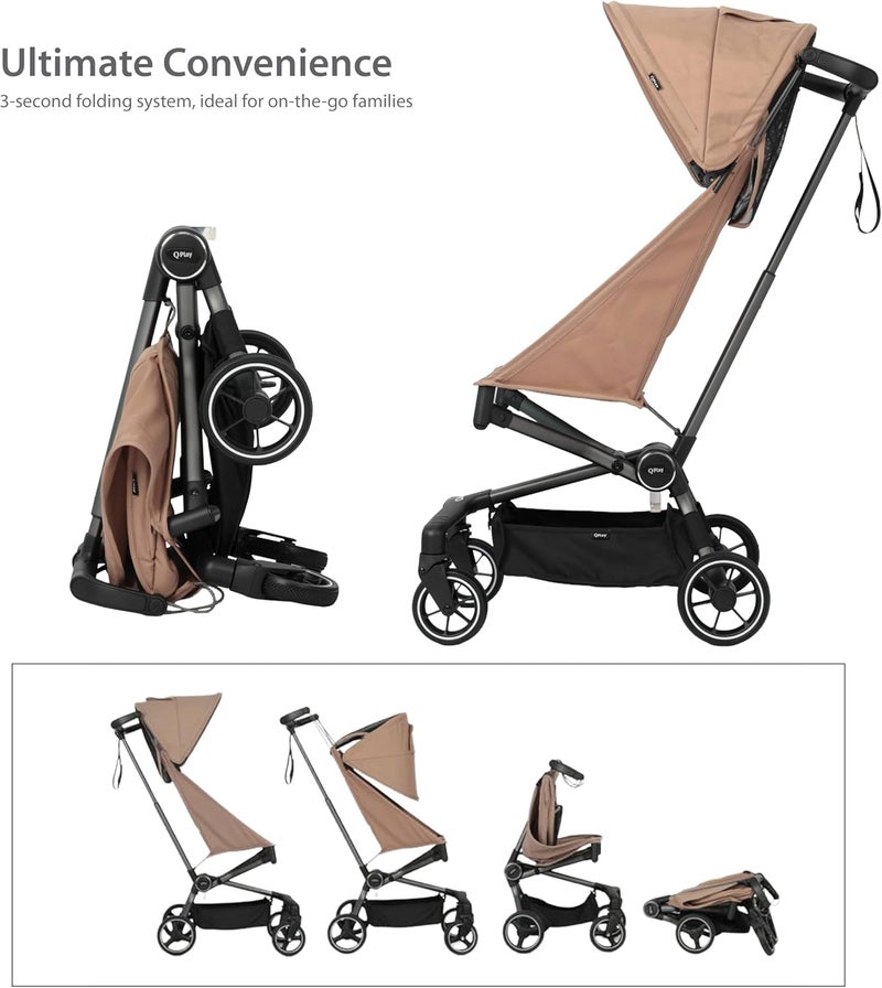 QPlay Airo Stroller, Lightweight Foldable Baby Stroller for Travel, Ultra Compact &Portable, Adjustable Recline, 5-Point Harness, One-Touch Brake, Sun Canopy, Ultra-Light Aluminium Frame, 6M-4Y, Brown - Image 5