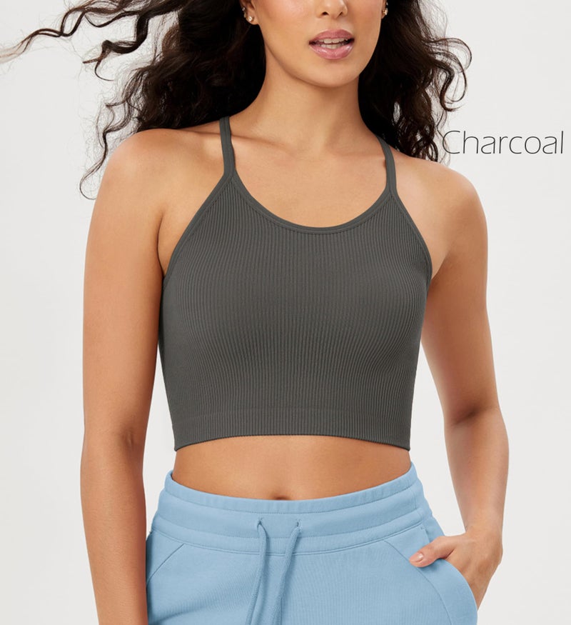ODODOS Women's Crop 3-Pack Seamless Rib-Knit Camisole Crop Tank Tops, Charcoal+Dusty Blue+Bark, X-Small/Small - Image 2
