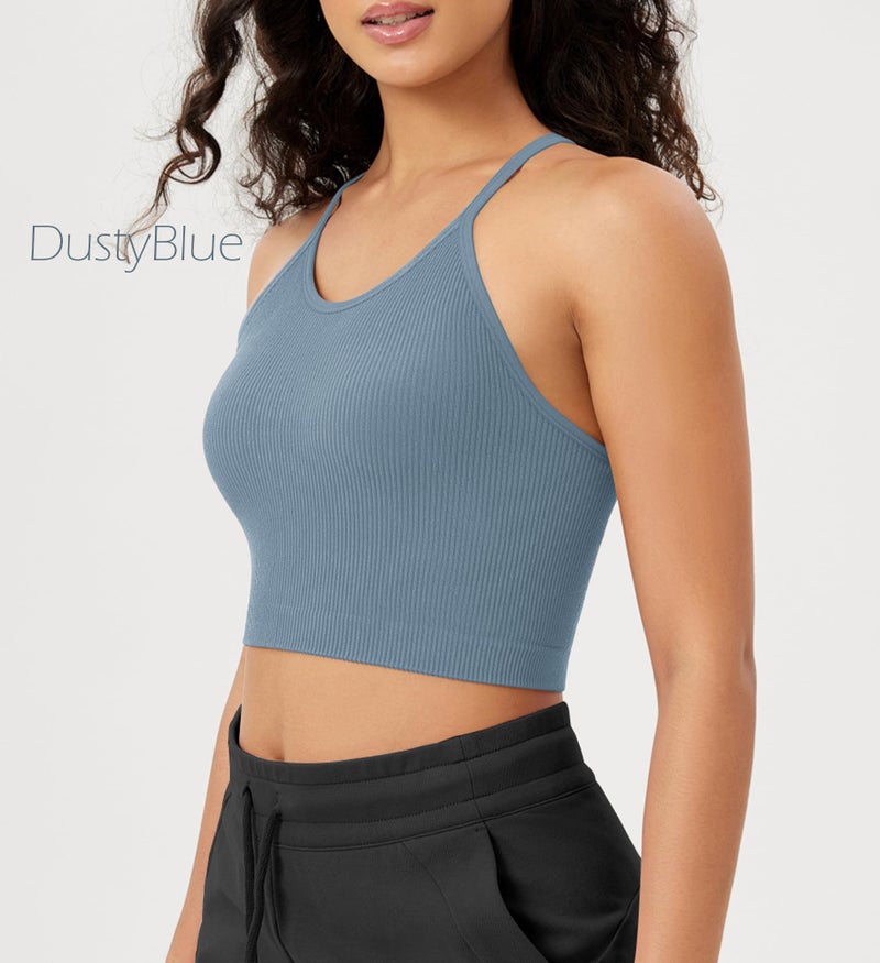 ODODOS Women's Crop 3-Pack Seamless Rib-Knit Camisole Crop Tank Tops, Charcoal+Dusty Blue+Bark, X-Small/Small - Image 3