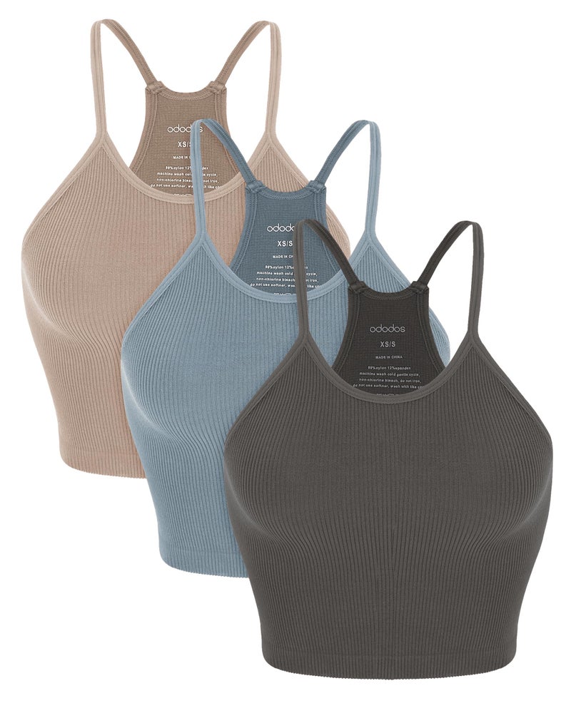 ODODOS Women's Crop 3-Pack Seamless Rib-Knit Camisole Crop Tank Tops, Charcoal+Dusty Blue+Bark, X-Small/Small - Image 1