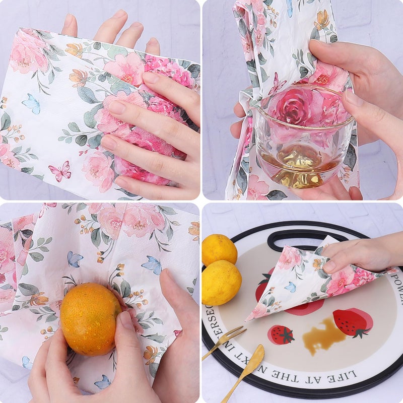 Nanaborn Floral Paper Napkins for Plates-60pcs Disposable Flower Guest Long Napkins for Party/Wedding/Birthday/Bathroom Decorations (Pink)  - Image 3