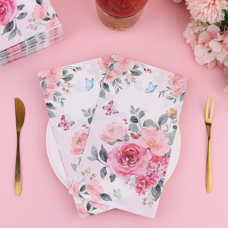 Nanaborn Floral Paper Napkins for Plates-60pcs Disposable Flower Guest Long Napkins for Party/Wedding/Birthday/Bathroom Decorations (Pink)  - Image 2