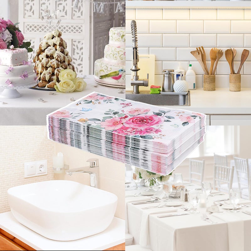 Nanaborn Floral Paper Napkins for Plates-60pcs Disposable Flower Guest Long Napkins for Party/Wedding/Birthday/Bathroom Decorations (Pink)  - Image 4
