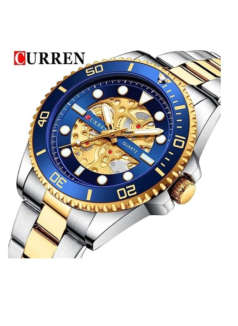 CURREN - Curren 8412 Black Skeleton Dial Two Tone Chain Men’s Watch CURREN WATCHES / MEN'S ANALOG WATCHES Silver/Gold/Green - Image 1