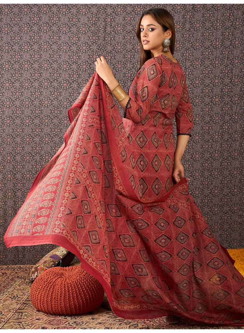 Ameya  Rust-printed-pure-cotton-straight-kurta-sets-with-dupatta for Women | Best Price UAE