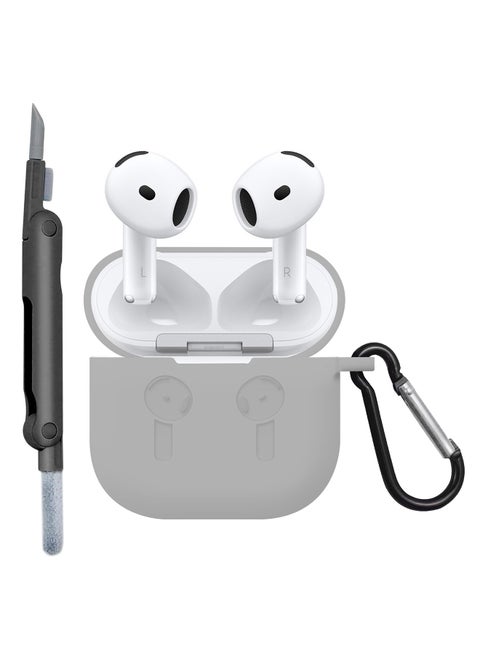 ( for Apple Airpods 4 2024 ) Case with Cleaner Kit Shockproof Protective Soft Silicone Case Cover with Carabiner Keychain - Grey Case Black Cleaner
