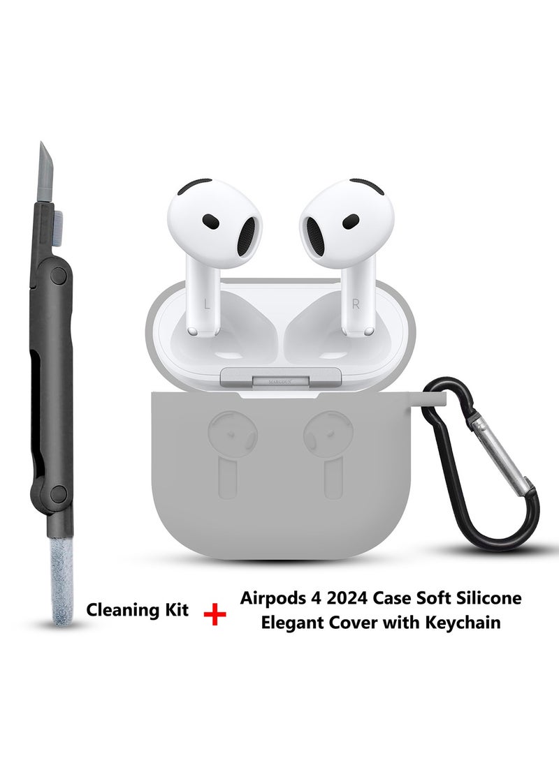 CATANES - ( for Apple Airpods 4 2024 ) Case with Cleaner Kit Shockproof Protective Soft Silicone Case Cover with Carabiner Keychain - Grey Case Black Cleaner - Image 1