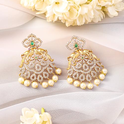 Rubans Women 22K Gold-Plated Emerald Green & Cubic Zirconia Traditional Jewellery Set with Pearl Beads - Image 2