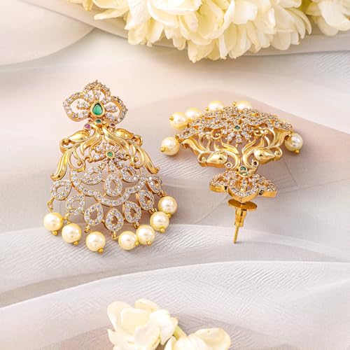 Rubans Women 22K Gold-Plated Emerald Green & Cubic Zirconia Traditional Jewellery Set with Pearl Beads - Image 3