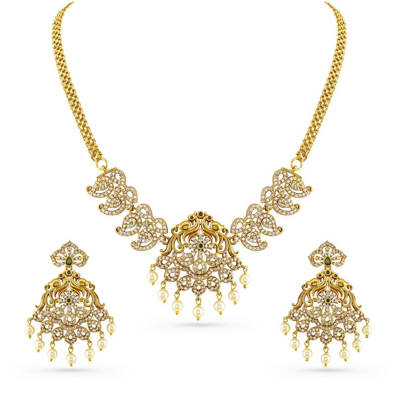 Rubans Women 22K Gold-Plated Emerald Green & Cubic Zirconia Traditional Jewellery Set with Pearl Beads - Image 5