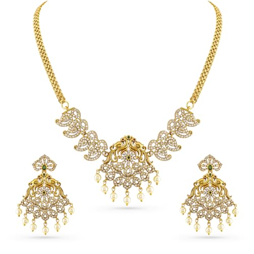 Rubans Women 22K Gold-Plated Emerald Green & Cubic Zirconia Traditional Jewellery Set with Pearl Beads - Image 1
