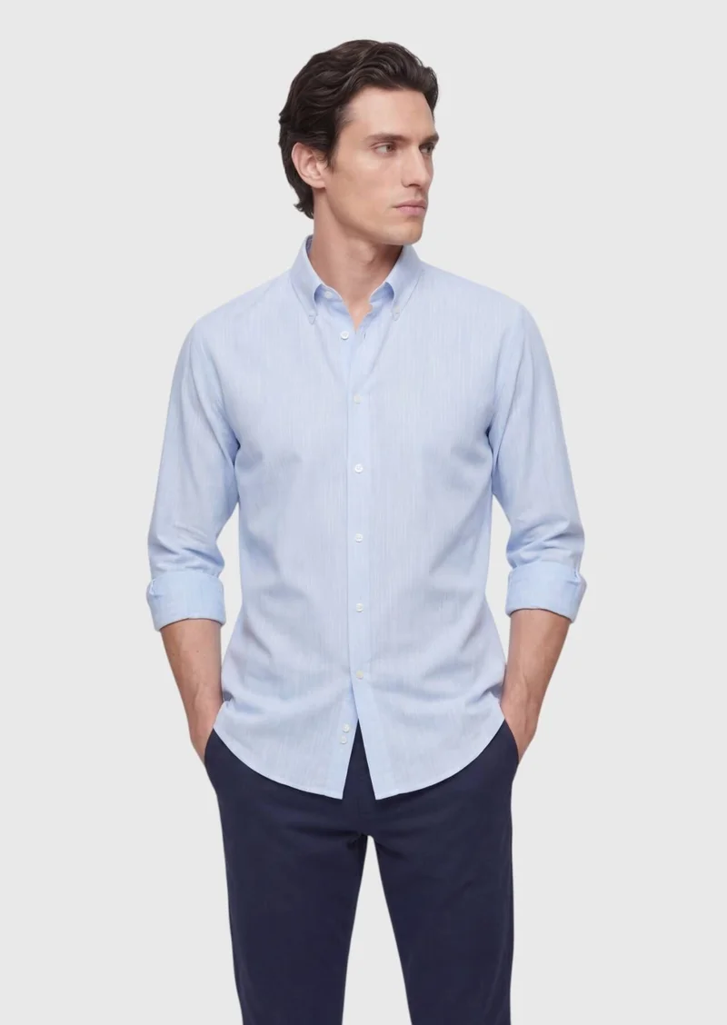 RAMSEY Blue Plain Regular Fit Long Weaving Casual Silk Blended Shirt